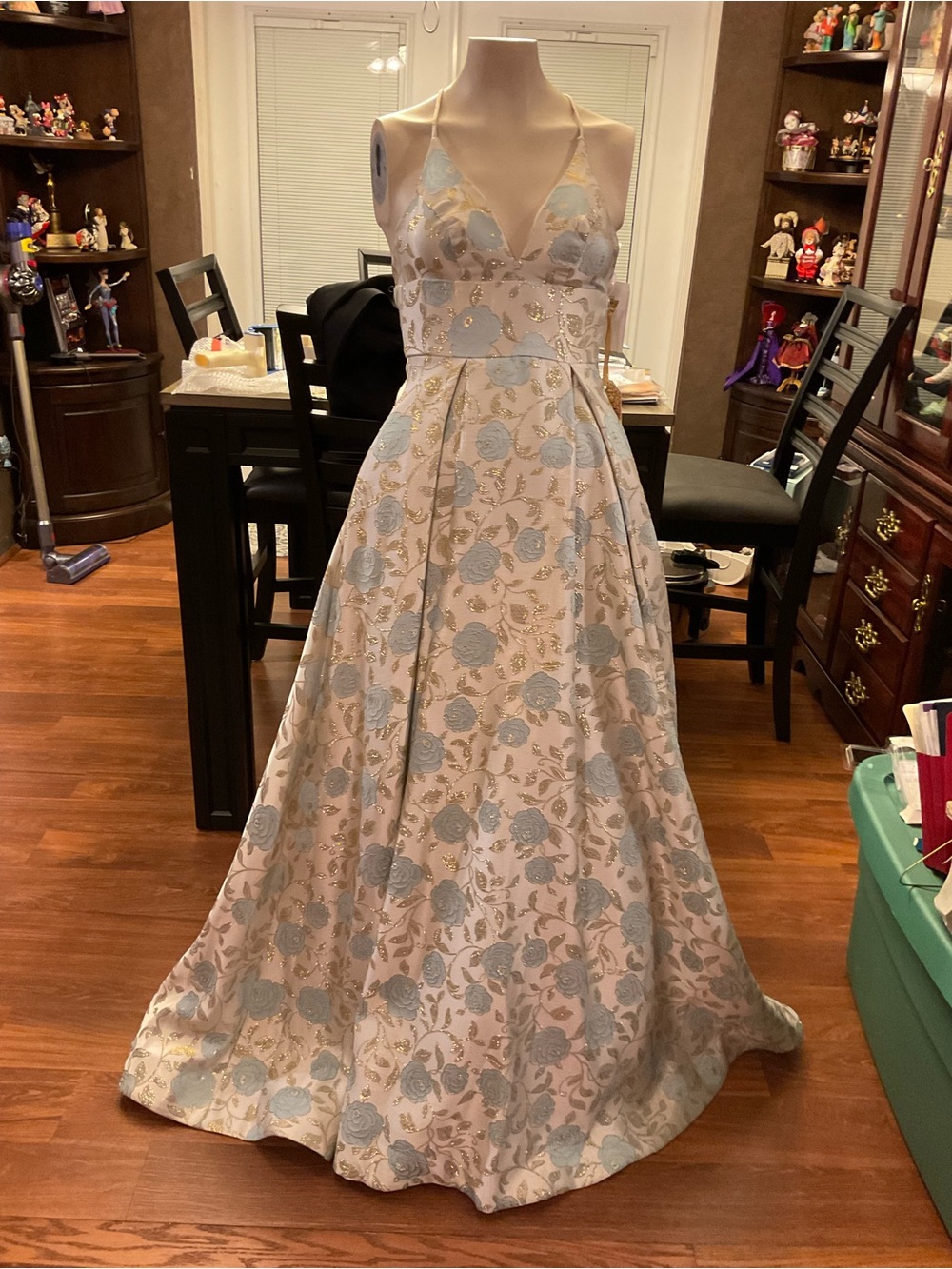 Light Blue Floral Ball Gown Prom Dress with V-Neck